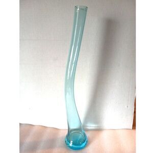 Vtg 23" Aqua Krosno Bent Neck Swung Art Glass Vase Made in Poland 1980s 1990s
